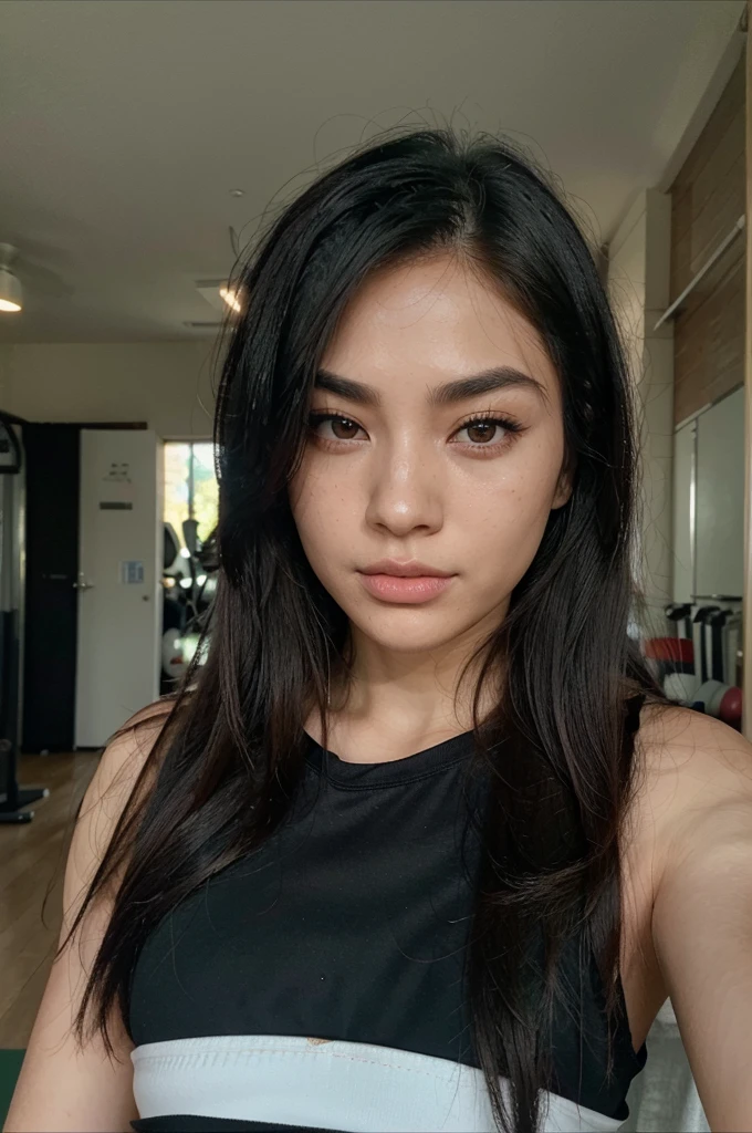 She has an oval face with high cheekbones, a defined jawline is Asian, japanese. His eyes are large and almond, black in color, with long eyelashes and thick, arched eyebrows, with a small scratch on his right eyebrow. His nose is small and straight, and she has full, wide lips. His hair is black with a green streak on the left side., short and smooth, usually worn loose with a fringe that partially covers the forehead. Her skin is fair with lots of freckles on her nose and rosy cheeks.. Photo at the gym, workout clothes.