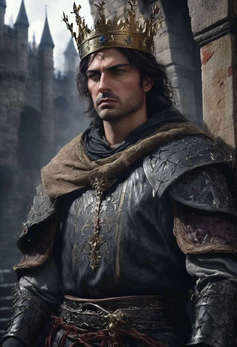 1 man, he is a king inside a dark medieval castle, wearing king's clothes in dark noble and medieval colors, crown of thorns on his head, detailed facial features, masculine eyes, detailed light skin, medium sized dark hair, expression strong and serious, dramatic lighting, cinematic composition, cold and dark, atmospheric fog, handsome face, square chin, handsome man, masculine, (best quality, 4K, 8K, high resolution, art: 1.2), ultra-detailed, (realistic , photorealistic, photorealistic: 1.37)