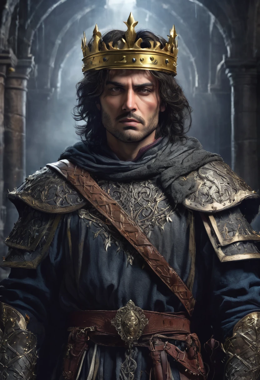 1 man, he is a king inside a dark medieval castle, wearing king's clothes in dark noble and medieval colors, crown of thorns on his head, detailed facial features, masculine eyes, detailed light skin, medium sized dark hair, expression strong and serious, dramatic lighting, cinematic composition, cold and dark, atmospheric fog, handsome face, square chin, handsome man, masculine, (best quality, 4K, 8K, high resolution, art: 1.2), ultra-detailed, (realistic , photorealistic, photorealistic: 1.37)
