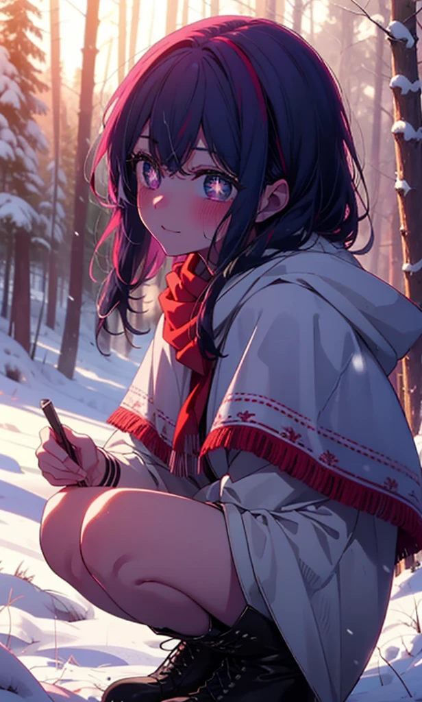 aihoshino, Ai Hoshino, Long Hair, bangs, (Purple eyes:1.1), Purple Hair, (Symbol-shaped pupil:1.5), smile,,smile,blush,White Breath,
Open your mouth,snow,Ground bonfire, Outdoor, boots, snowing, From the side, wood, suitcase, Cape, Blurred, , forest, White handbag, nature, Squat, Mouth closed, Cape, winter, Written boundary depth, Black shoes, red Cape break looking at viewer, Upper Body, whole body, break Outdoor, forest, nature, break (masterpiece:1.2), Highest quality, High resolution, unity 8k wallpaper, (shape:0.8), (Beautiful and beautiful eyes:1.6), Highly detailed face, Perfect lighting, Highly detailed CG, (Perfect hands, Perfect Anatomy),