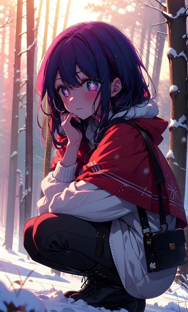 aihoshino, Ai Hoshino, Long Hair, bangs, (Purple eyes:1.1), Purple Hair, (Symbol-shaped pupil:1.5), smile,,smile,blush,White Breath,
Open your mouth,snow,Ground bonfire, Outdoor, boots, snowing, From the side, wood, suitcase, Cape, Blurred, , forest, White handbag, nature,  Squat, Mouth closed, Cape, winter, Written boundary depth, Black shoes, red Cape break looking at viewer, Upper Body, whole body, break Outdoor, forest, nature, break (masterpiece:1.2), Highest quality, High resolution, unity 8k wallpaper, (shape:0.8), (Beautiful and beautiful eyes:1.6), Highly detailed face, Perfect lighting, Highly detailed CG, (Perfect hands, Perfect Anatomy),