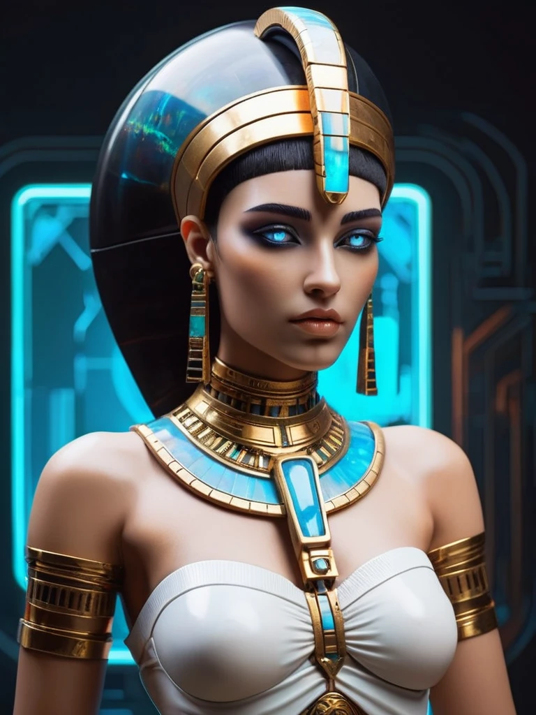 ral-opal, meahophontron, whole body, Woman robot face, Cyberpunk futurista, bust, cleopatra of egypt theme, Egypt background