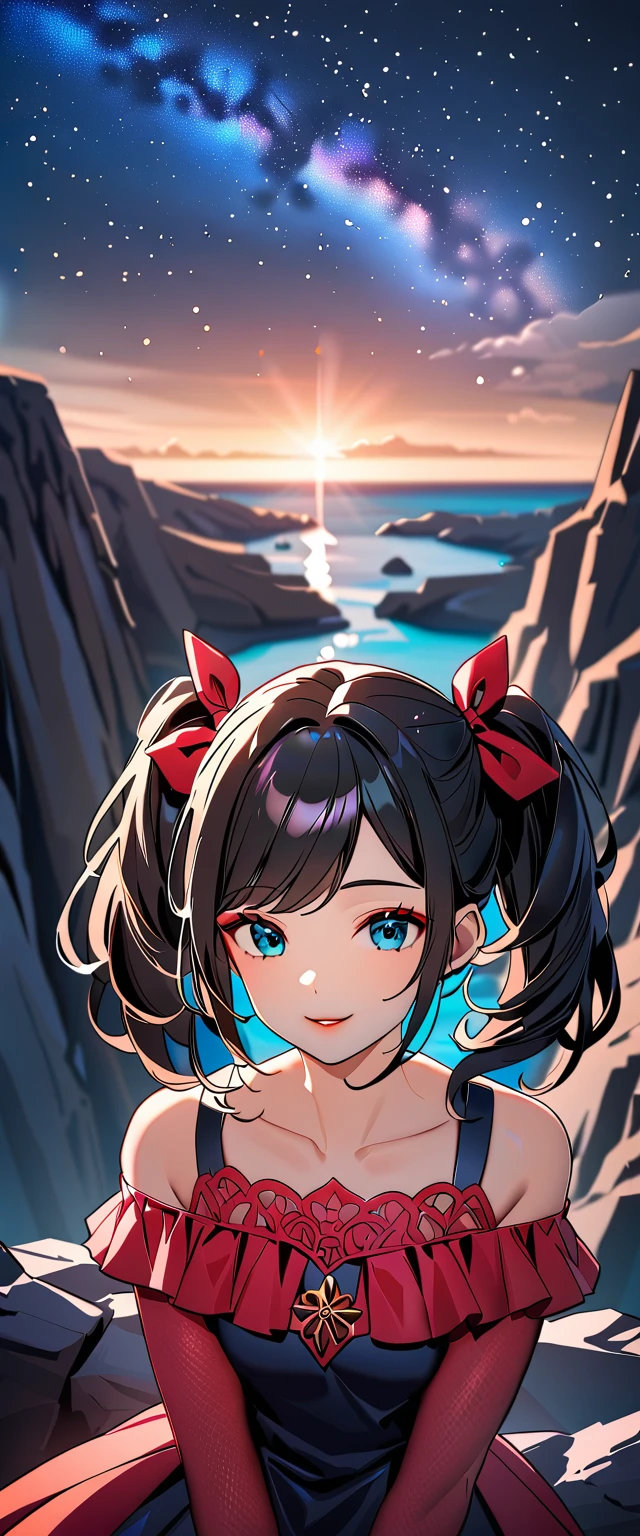 Photo of a high school girl with natural skin, Upper Body, Looking at the camera, Smiling, with twin tails and black hair with red mesh, Sharp eyes with blue eyeshadow, A thin, upturned nose, Well-shaped lips, White off-the-shoulder dress, barefoot, Makeup, Exquisitely crafted with the utmost attention to detail, Vibrant, amazing, Smooth, Cinematic, 4K, Backlight, ((Atop a cliff with a beautiful starry sky, Cliff)), Shallow depth of field.