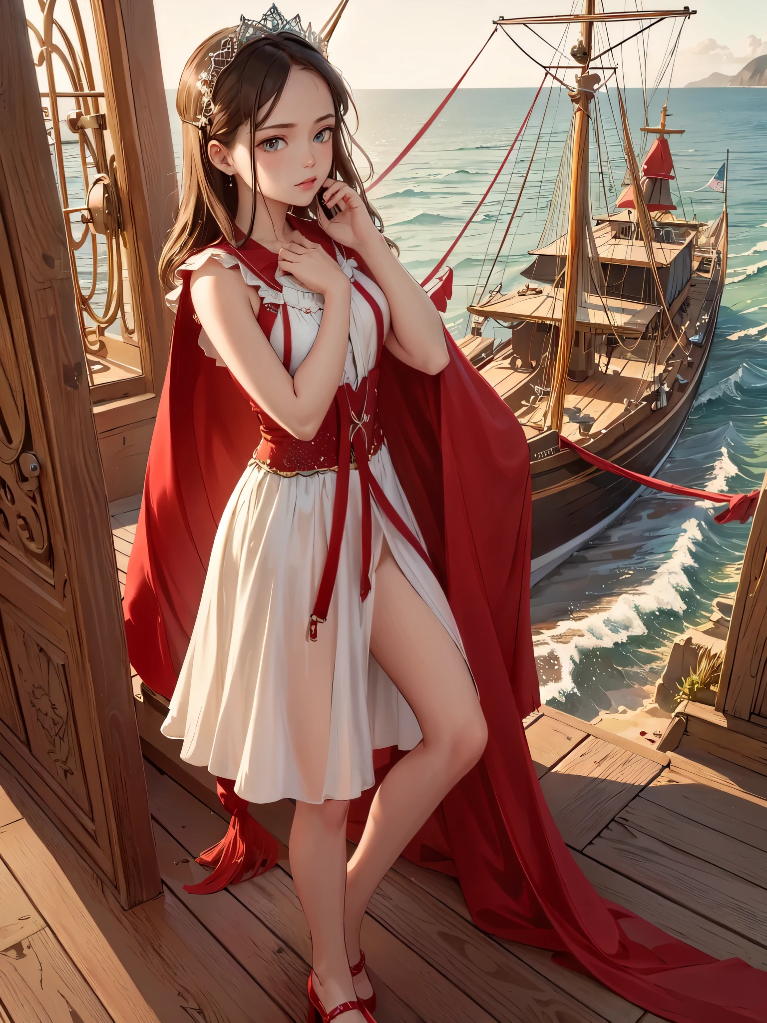 (masterpiece, super high quality, Very detailed), Sleeveless clothing,landscape, Young girl, absolute, Scarlet Sails, Girl looking at the sea from the beach, Camera staring at the sea, Intricate details, sailing ship with Scarlet Sails, A scene from an Alexander Green novel "Scarlet Sails"