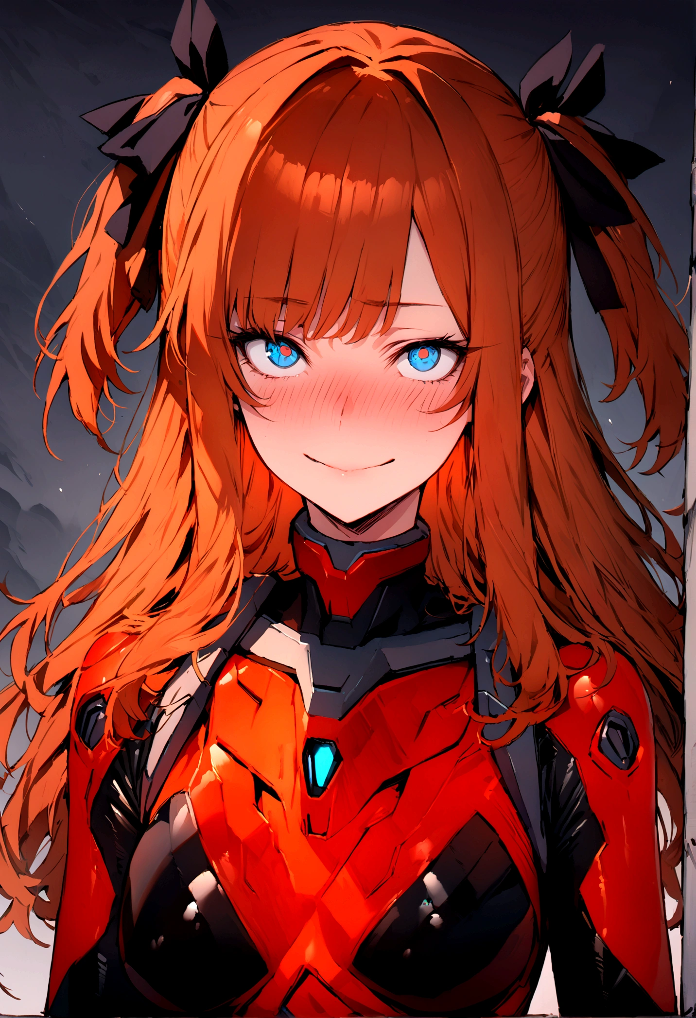 (masterpiece), best quality, expressive eyes, perfect face, 1girl, solo, blue eyes, dark orange Hair, Loose hair, hair ribbon, long hair, black ribbon, sidelocks, bangs two side up, smile, red skin-tight battle suit, slim figure, looking at viewer