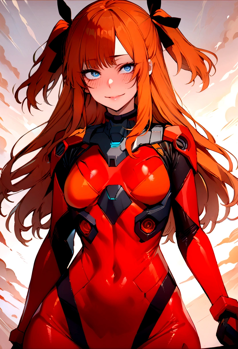 (masterpiece), best quality, expressive eyes, perfect face, 1girl, solo, blue eyes, dark orange Hair, Loose hair, hair ribbon, long hair, black ribbon, sidelocks, bangs two side up, smile, red skin-tight battle suit, slim figure, looking at viewer