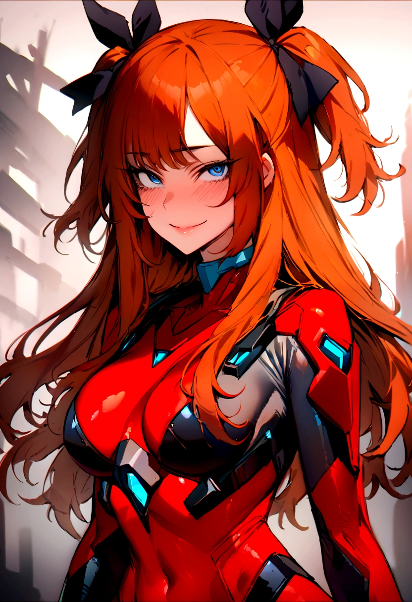 (masterpiece), best quality, expressive eyes, perfect face, 1girl, solo, blue eyes, dark orange Hair, Loose hair, hair ribbon, long hair, black ribbon, sidelocks, bangs two side up, smile, red skin-tight battle suit, slim figure, looking at viewer