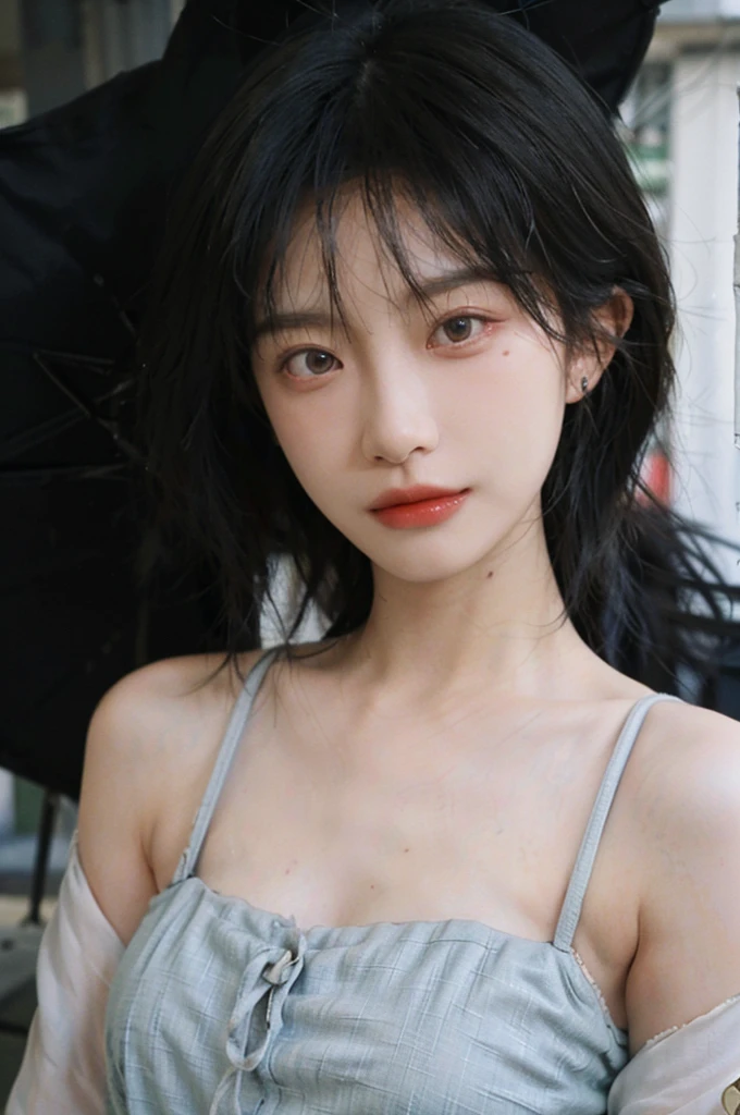 1 girl,Model,Upper Body,short hair,A faint smile,serene, calm,Moles under the eyes,Exquisite eyes, Delicate face,Lipstick,earrings,Hair details, skirt,(Dress conservatively:1.3)(Large Breasts:1.2),outdoor,background,城市background,(Skin details:1.4),(Realistic and detailed eyes:1.2), Natural skin texture, Realistic facial details,Close-up of face,Portrait Photography,(Portrait Photography:1.1), (smooth skin textures:1.3), (Highest quality real skin textures:1.4), Direct vision,Soft dramatic lighting, Vivid details, 35 mm film, (Photo Practical:1.4), (hyper Practical:1.4), (Practical:1.3), (Smoother lighting:1.05), (Improve lighting quality:0.9), (Enhance the beauty of skin texture:1.1), Depth of Field, Bokeh, Surrealism, Ray Tracing, ( Surrealism, High Detail, Chiaroscuro, Ray Tracing, reflected light, Ultra HD, Ultra HD, masterpiece, Textured Skin, Super Detail, High Detail, high quality, best quality