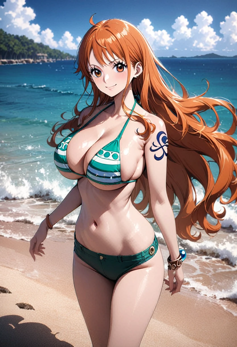 masterpiece, best quality), intricate details, 1 girl, woman, orange hair, nami \ (one piece\), (long hair), clothes, wearing swimsuit, beach, scenery, ((front view)) ((close up shot)) ((solo)), detailed, very high resolution, no blurry image, full body, orange eyes, sligh wavy hair, ((nami from one piece)) ((female nami from one piece)), (swimsuit), (big breasts), smiling
