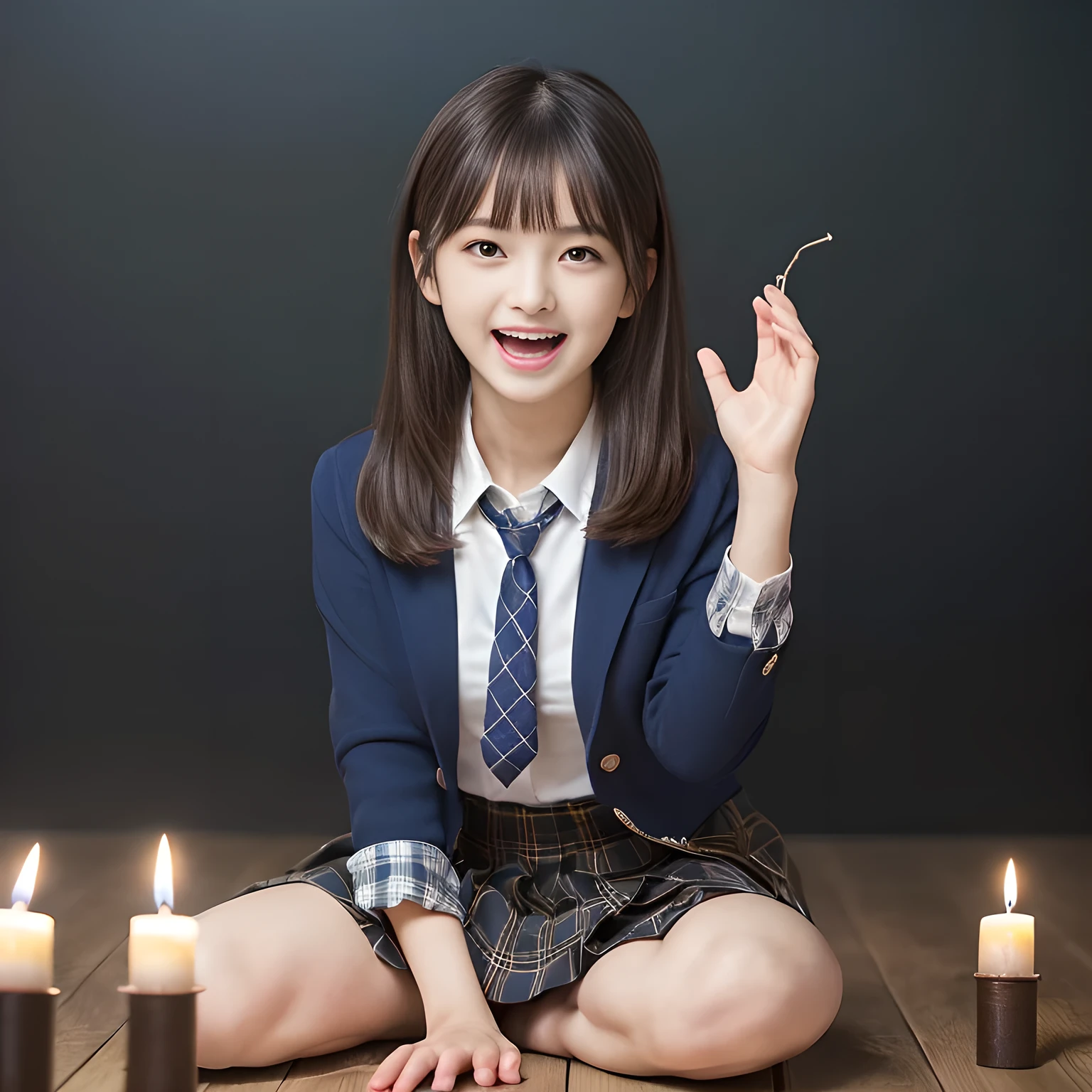 (highest quality, masterpiece:1.2), highest quality, High resolution, 1080P, 8K, Height: 158cm, ((A noble and intelligent girl like Japanese cute girly lady is hypnotizing and giggling, A very sweet, very noble, pretty and neat Japanese beautiful cute girl. Realistic very girly sweet cute noble girl like a princess is seated in many evil candles)), ((Completely black room with candles)), ((((14 years old, popular Japanese cute fashion model)))), ((((Extremely pure white face and hands and legs)))), Glossy lips, (Evenly cut bangs), ((Very beautifully laughing brown drooping gooey cute neat noble eyes)), ((straight black very very long straight hair)), Very lustrous, glossy lips, Open hand over open mouth, Beautiful straight hair like a hair model, Watching the viewer and laughing, ((Incredibly well organized, The expression is rich. plump and beautiful white skin and face)), ((Pure and clear sweetly smiling eyes)), ((smiling at me)), Glossy Lips, ((noble and neat)), ((Like a succubus is fascinating with magic and giggling)), ((((A succubus is fascinating and calling to the deeper place forever)))), Extremely beautiful blue skirt, ((highly up-curved lips)), ((looking at the viewer directly)), white hands, ((Navy Japanese school blazer, Navy and sapphire blue Japanese school uniform tartan checkered pleated long skirt, Blue string ribbon tie)), ((((An ecstatic face expression of boundless joy)))), ((black background))