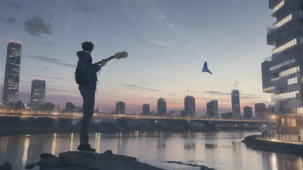 真っ暗なnight空,Octane, star (null), scenery, Blue parakeet,The acoustic guitar is in front of the body.,star, night, man, Back view, Outdoor, city,river,Blue parakeet,building, cloud, 天のriver,silhouette