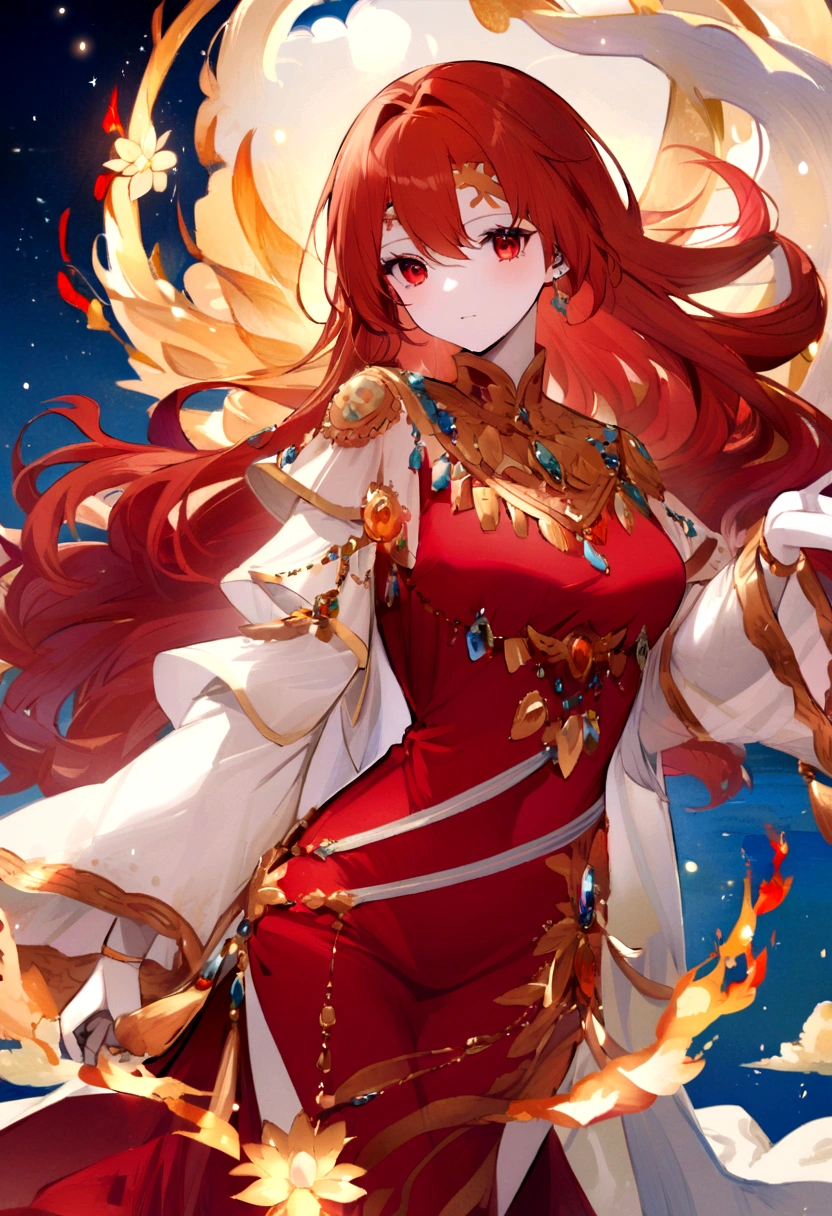 Tall blonde hair, Carmencin red eyes and white skin, she wears a long bench tunic with symbols of light blue clouds and on her forehead a light blue ribbon with golden clouds