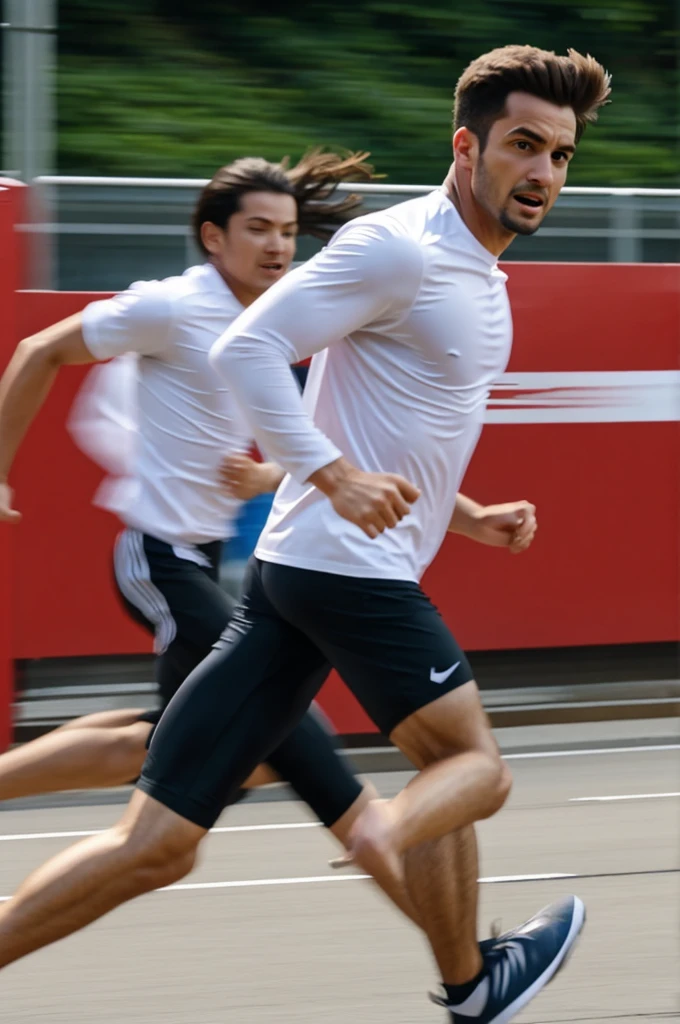 a man runs to catch a woman at high speed