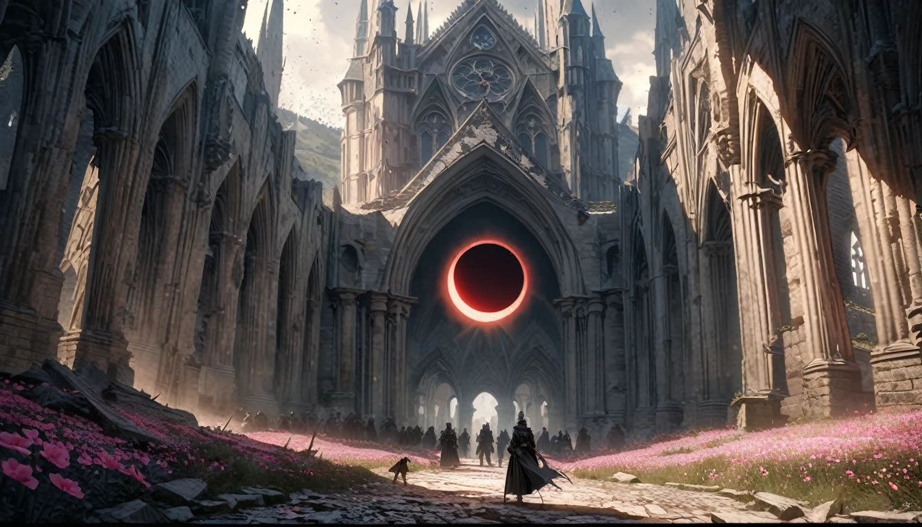 Anime aesthetics, Fantasy Landscape, Medieval Cathedral, Broken wall, Tall old wooden door, Black Old Brooks, Broken road leading to the old cathedral, Red Solar Eclipse, Many pink flowers with pointed petals, Dark Souls 3 Eclipse, Wide Shot, Front view, Violent Solar Eclipse, Tragic atmosphere, Sad mood,   4K, masterpiece:1.4, Highest quality,4K,High resolution ultra-detail, retina