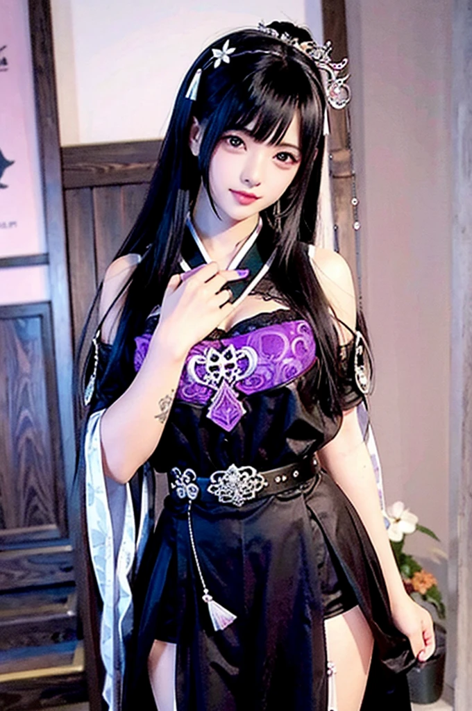 Submissive purple hair　Double tail　Gothic girl　Black clothing　Belt on torso　Japanese anime hand drawn illustration