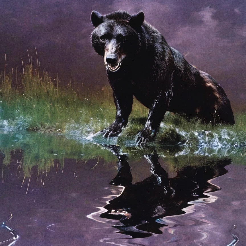 giant horror bear in water, glitch background