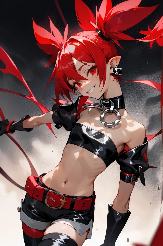 (highest quality、masterpiece:1.2) profile、Etna, red hair twintails、red eyes,devil、tall、long limbs、elbow gloves,thighhigh boots, (black tube top,black hot pants、choker、earrings、belt),sadistic smile,deep shaded face,,smile worst,worst ridecule,evil moukery,,,two hands,five fingers,black background,A face full of evil,Too evil ridicule,two legs,look down at viewer,