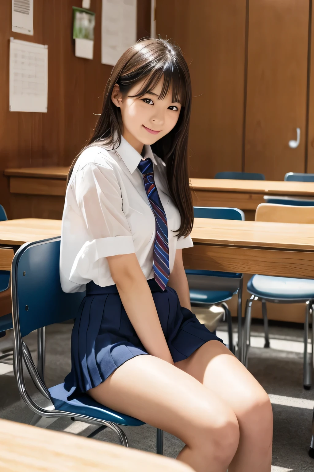 Highest quality、High school girl sitting on a chair、Women&#39;s high 、Knee-length skirt、tights、loafers、Full body photo、 Black Hair、Short Haircut、smile、Beautiful teeth alignment、、Intricate details, Very detailed:1.2), 、 Looking into the camera,The background is the classroom
