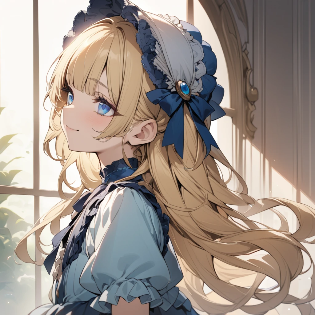 Blonde hair,sidecurls,curls,blue eyes,long eyelashes,light blue victorian dress,puffy short sleeves,frilled dress,frilly wide brimmed Bonnet with bows,fringe bangs,bustshot,masterpiece,highress,soft smile,bishoujo,peterpan collar,sideview,facing away,