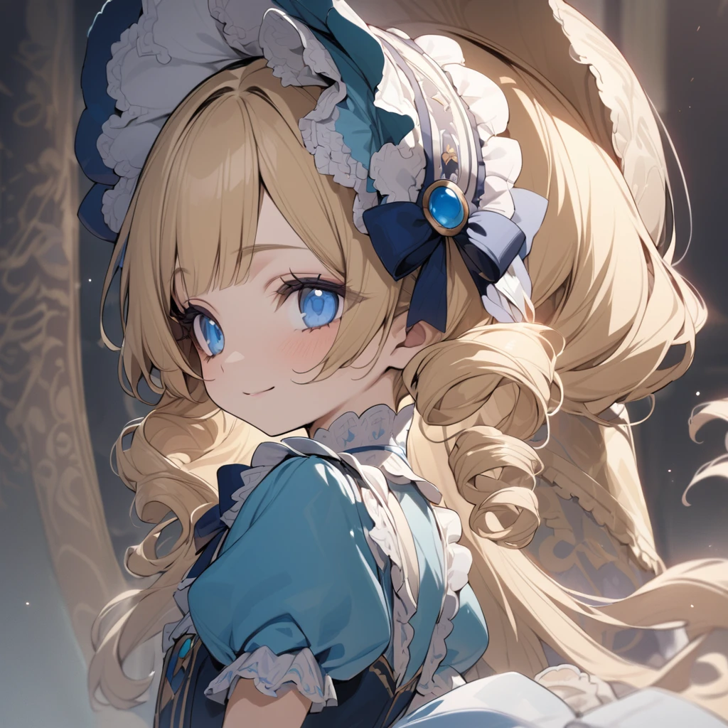 Blonde hair,sidecurls,curls,blue eyes,long eyelashes,light blue victorian dress,puffy short sleeves,frilled dress,frilly wide brimmed Bonnet with bows,fringe bangs,bustshot,masterpiece,highress,soft smile,bishoujo,peterpan collar,sideview,facing away,