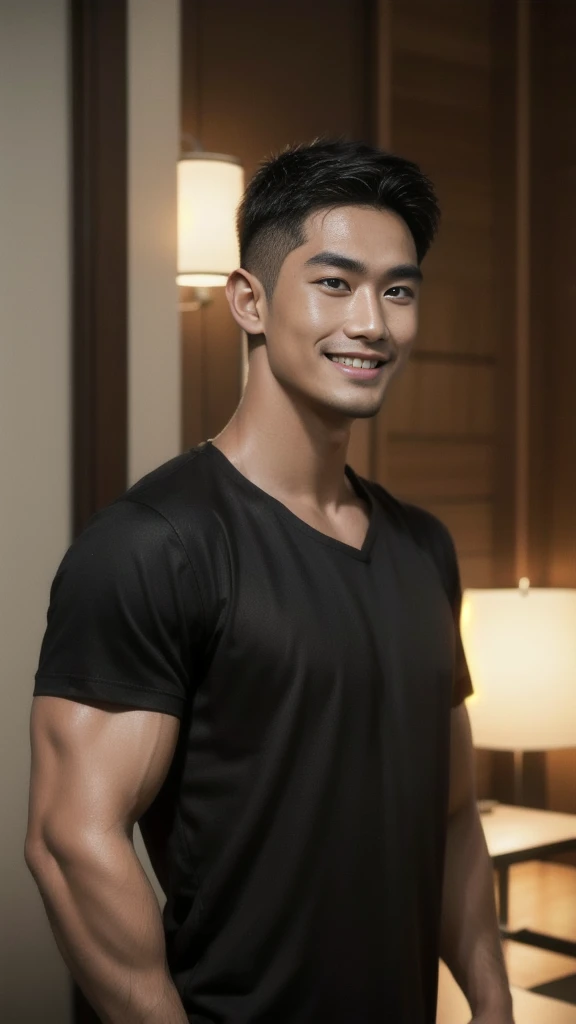 Thai man with buzz cut hairstyle, handsome, muscular, big muscles, broad shoulders, male model wearing a black t-shirt, standing and smiling.