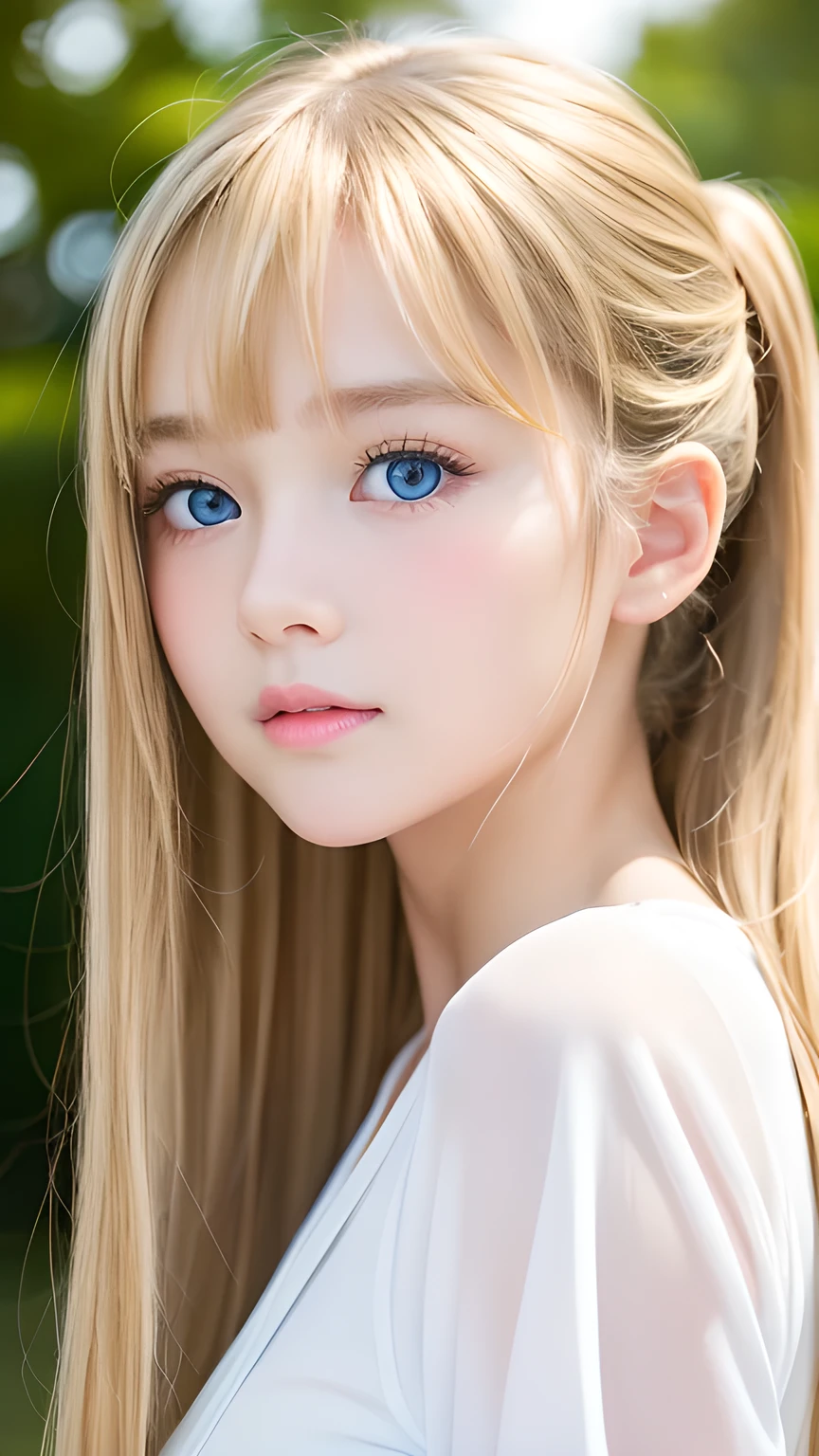 15-year-old girl、Very adorable face、Very lovely face、Bright expression、Authentic photo quality、Extraordinary sexy beauty、white, shiny smooth white skin、ponytail、beautiful bangs、((Smooth, shiny, super long, natural blonde)),Super long, straight, silky hair、Looking at the camera、Very perfect cute beautiful sexy young tiny woman、Very perfect beautiful and cute face、beautiful, clear, Big eyes、Light blue eyes、Big and ample breasts、、Japanese Sailor Suit、Pretty face、Small Face Beauty、Gloss Face、Cheek gloss、Sparkling marine blue eyes