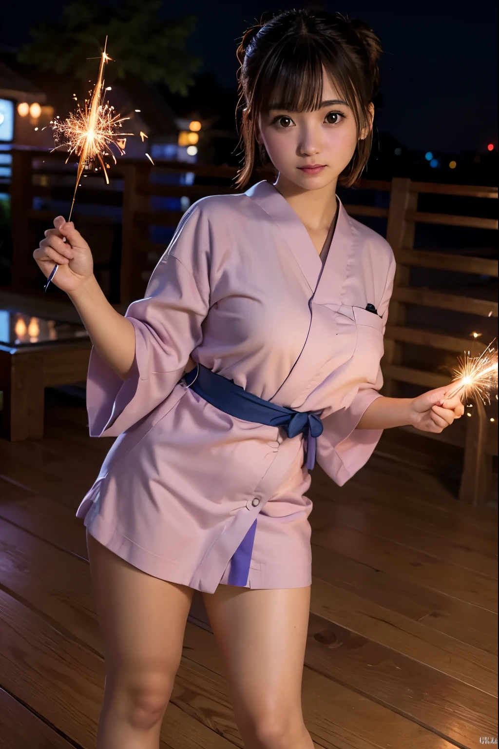 Perfectly Anatomically Correct:1.4, 5 Beautiful finger:1.4, 
1 Japanese Girl, Kawaii, Very Short Hair Bun:1.2, Wide-Set Eyes, Very White Skinned, Blush, Bashfully, -Yeld, O Mouse Slightly, 
Cute Eyes, Tareme, Brown Hair, Light Smile, 
(Japanese Sparklers Within Own Reached Arm:1.4), 
(Point Fireworks at Viewer:1.0), 
Indigo Colored Yukata or Kimono or Japanese Clothes:1.6, 
Looking at Viewer:1.2, 
Full Body, 
SFW:1.0, Non-Nipple:1.0, 
 BREAK 
Light Purple Dusk, Riverside Wooden Deck, 
 BREAK 
8K, RAW Photo, Best Quality, Masterpiece, Realistic, PhotoRealistic, Extremely Detailed 8K Wallpaper, Beautifully Detailed Eyes, Finely Detailed Face, 
 BREAK 
High-Key Lighting, Professional Lighting, Bokeh:1.0