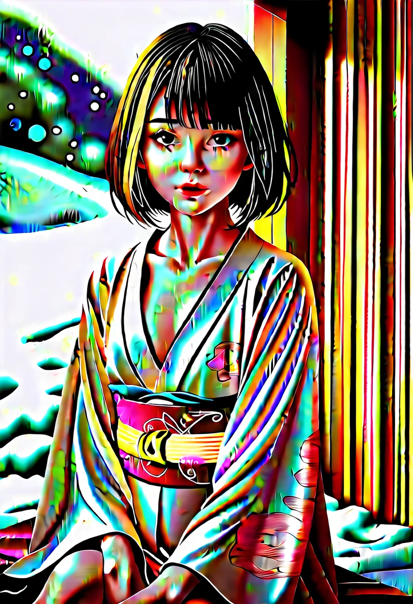 score_9, score_8_up, score_7_up, 1girl, solo, looking at viewer, short hair, blunt bangs, black eyes, beautiful detailed eyes,black hair, nape, collarbone, long sleeves, sitting, closed mouth, small breasts, outdoors, japanese clothes, wide sleeves, kimono, water, sash, obi, floral print, snow, snowing, white kimono, print kimono, break,(clear line illustration:1.2), super detailed skin,very high resolution, very aesthetic, Best sexual lighting powered by famous artist, 8k,cute picture,beauty illustration,photoshop_(medium),,(Detailed Lighting),uncensored,