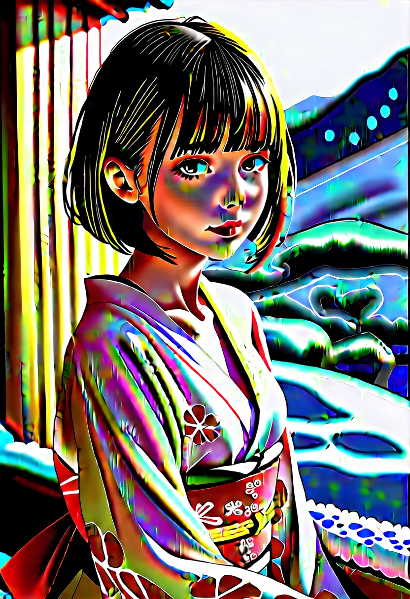 score_9, score_8_up, score_7_up, 1girl, solo, looking at viewer, short hair, blunt bangs, black eyes, beautiful detailed eyes,black hair, nape, collarbone, long sleeves, sitting, closed mouth, small breasts, outdoors, japanese clothes, wide sleeves, kimono, water, sash, obi, floral print, snow, snowing, white kimono, print kimono, break,(clear line illustration:1.2), super detailed skin,very high resolution, very aesthetic, Best sexual lighting powered by famous artist, 8k,cute picture,beauty illustration,photoshop_(medium),,(Detailed Lighting),uncensored,