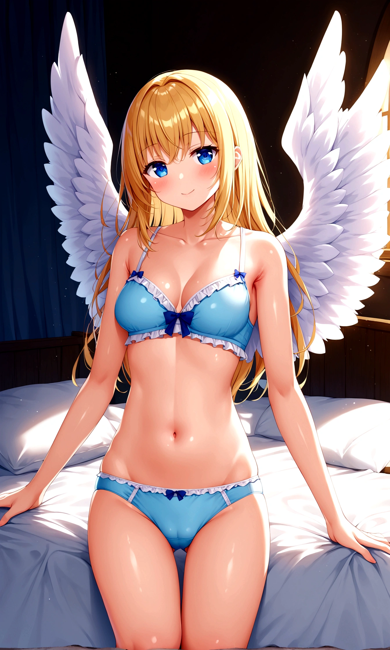 1girl, cute, angel, tight, (armpit), panties, bed, (small clothes), midriff