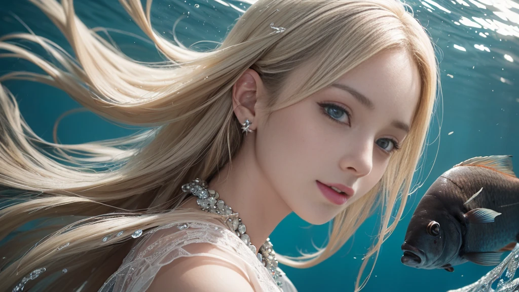 (Highest Quality Realistic Textured Skin),(terrible),(OK, round, Symmetrical eyes),Delicate facial features,(Burning bright cold eyes),(She has a mischievous smile),(Her face is kind and beautiful),Glass earrings in the ears,,(blonde),(Silvery white hair),(Chestnut Hair),(Swim at the bottom of the ocean),(Full body portrait:1.5),(Dramatic Photos:1.4),(Dramatic Pose),(Flashy photos)(look up),(Looking down),(Around her neck is a simple necklace made with exquisite craftsmanship.),Cluttered photos,(Hair flowing in water:1.5),(Underwater, Life at sea, 美しいCoral Reef, fish),(Background vortices and currents),(Dramatic Light),(Nice views),(美しいfishに囲まれて),遠くの背景にはCoral Reefに沈んだ寺院が見える,Coral Reef,Spectacular realism,Cinematic atmosphere,(High-density image review:1.5),(Soft colors:1.2),Very detailed,Dramatic Light,(Intricate details:1.1),Complex background,