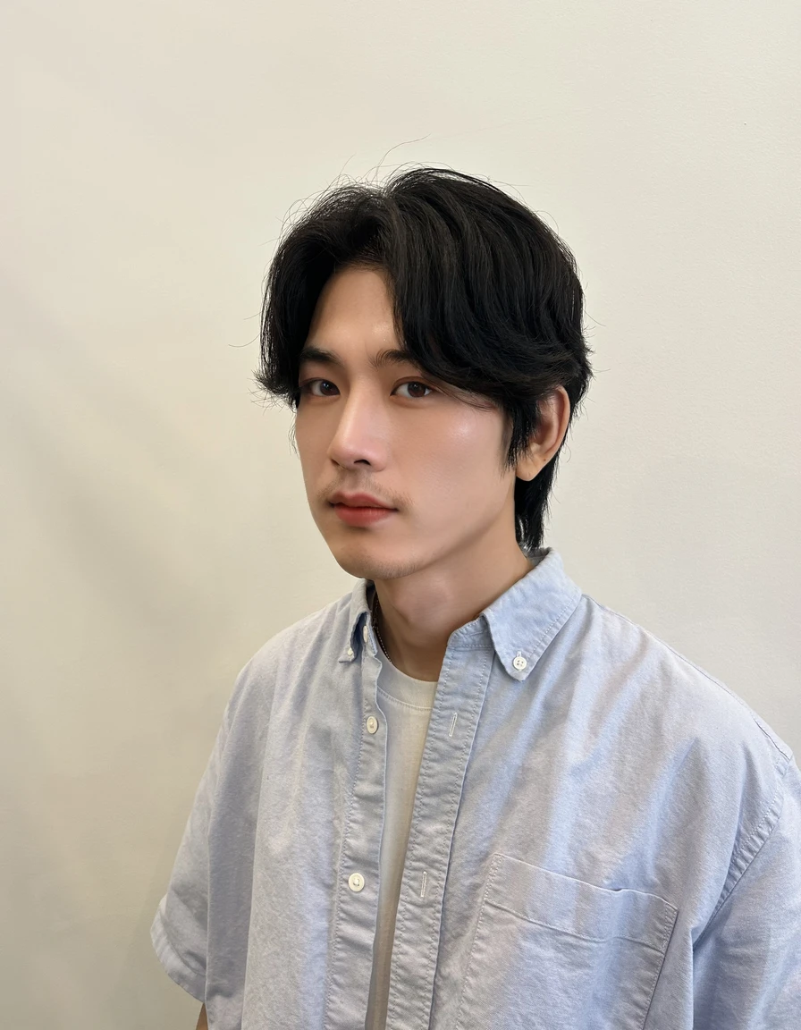 Best Quality, 8k, Masterpiece, (Portrait: 1.3), (photo realistic:1.4), (hyper realistic:1.4), Sharp Focus, looking at viewer, (smoother lighting:1.1), (increase cinematic lighting quality:0.9), realistic lighting, backlighting, light on face, ray trace, (brightening light:1.2), (Increase quality:1.4), sharp detail, (best quality real texture skin:1.4), finely detailed eyes, black_eyes, finely detailed face, 25 year old Korean man