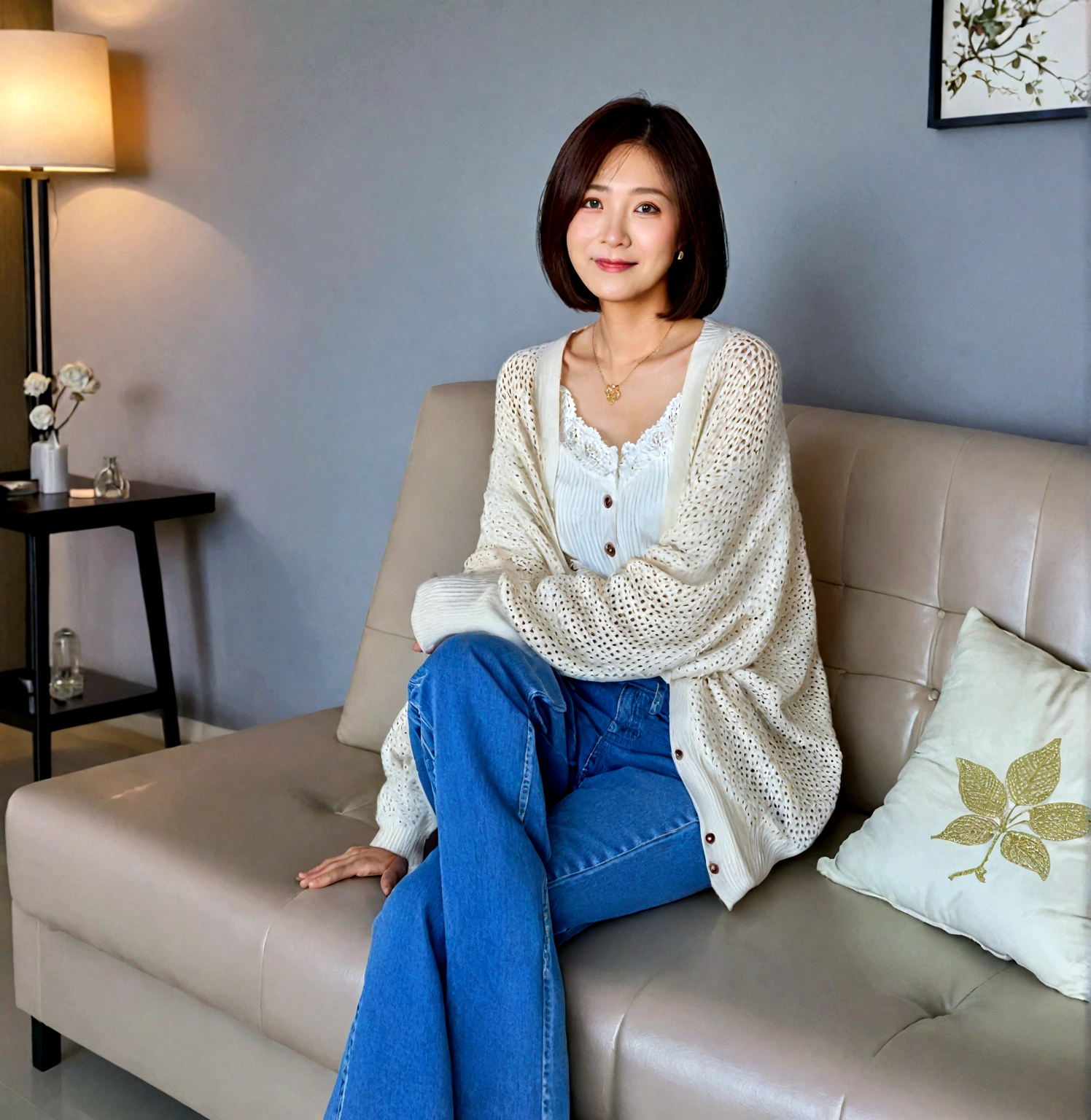 Beautiful Korean Woman , 32 inch chest size, Your eyes are big and pretty. Wearing a high-end luxury brand cardigan, Casual jeans, short medium hair, Smile. sit on the sofa , uhd