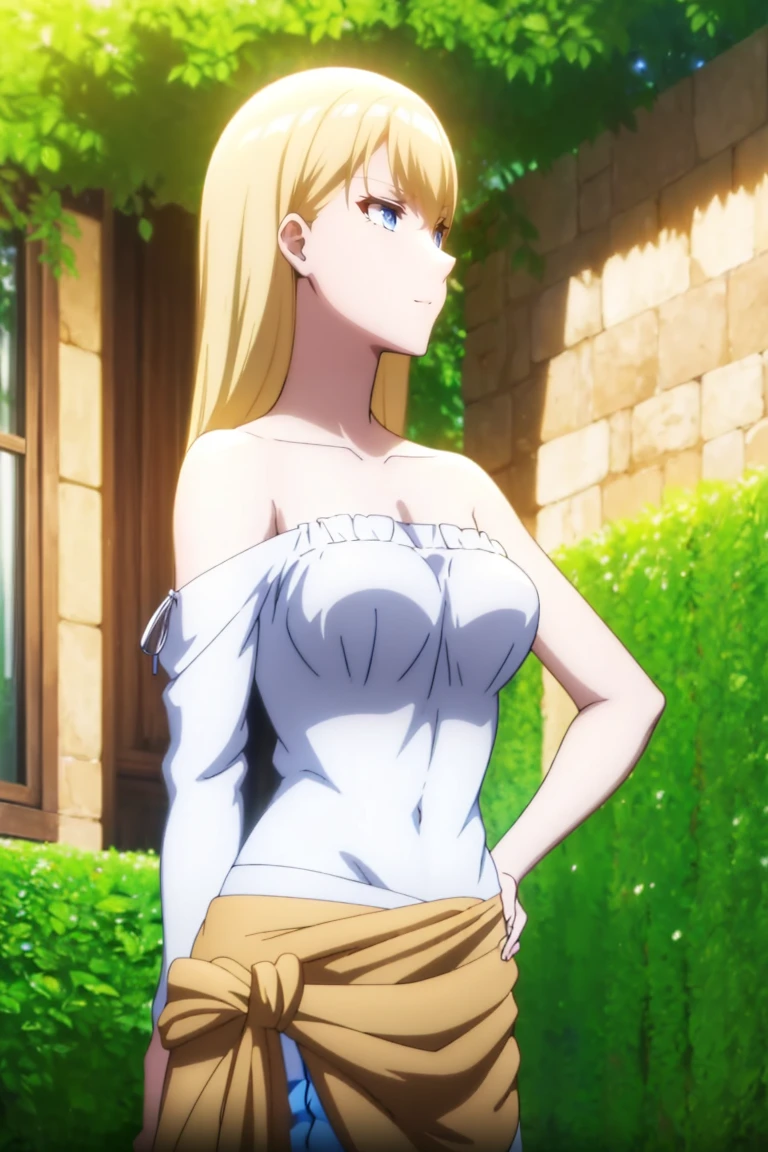 (Masterpiece, Best Quality, High Quality), professional artwork, well drawn, Intricate Details, field of view, afternoon, 
Blonde hair, ultra detail hair, ultra detail face, perfect eyes, perfect face, earring, blue eyes, Looking at Viewer, flirting, one hand on hip,
Black tube top, strapless, oversize pants with exposed underwear, anime screencap,