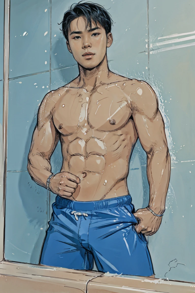 A shirtless lean young asian man in wet blue pastle underwear, his hands got tied up with handcuff inside showercore, his hands get handcuffed, comic artstyle 2D.