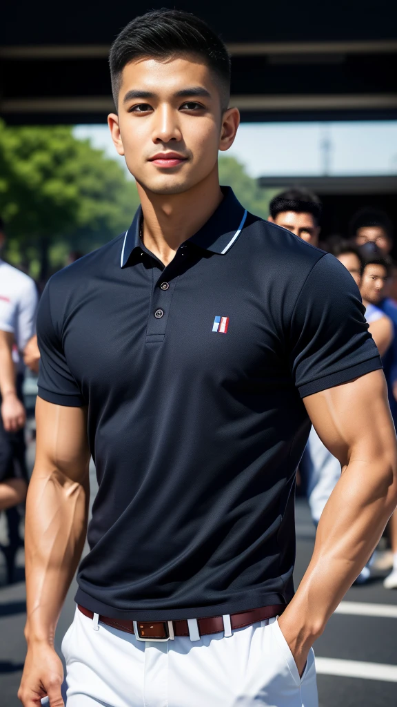 (Create a masterpiece: 1.2),(CGI art:1.3),(realistic:1.5),(After processing:1.3),(Sharp focus:1.3),10,1 man, smile, (Wear a dark gray polo shirt.), Navy cargo pants, Korean guy , korean men, (High gloss details), chest muscles, large arm muscles, blood vessel, Big muscles, Broad shoulders, looking at the audience, Balancing the eyes, In the middle of the road in the capital