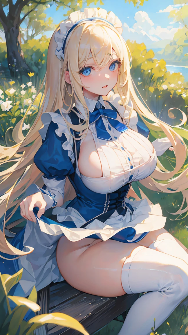 (masterpiece:1.2), (Highest quality:1.2),, Curvy but slender body, Perfect Eyes, Perfect Face, Perfect lighting, 1 Girl, Long Hair, Curly Hair, Quality clothing, Detailed outdoor background, Compensate, eye shadow, Thick eyelashes, Fantasy, (Maid)、whole body,Alice in Wonderland、blue sky、Bright and beautiful face、Young and shiny white glossy skin、The ultimate beauty、The most beautiful light blonde hair in the world、Thin Hair、Super long straight hair、Shiny beautiful bangs、Shining, clear, big blue eyes、Very beautiful and adorable 17 year old girl, the most beautiful in the world、Big and ample breasts、Sexually excited expression、Spread your legs、((She shows her panties、Lift up the skirt、I'Is tempting you))
