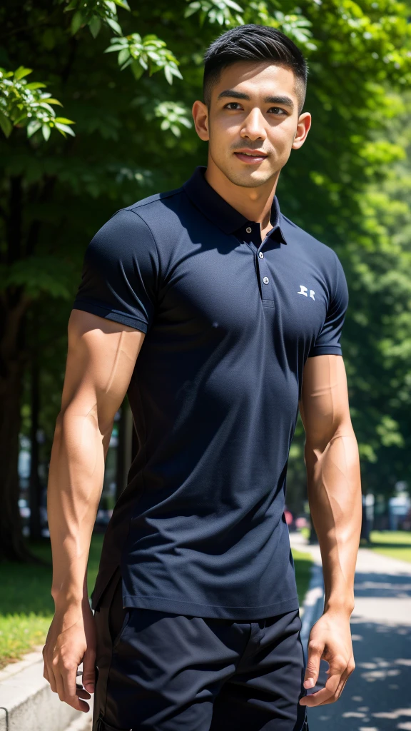 (Create a masterpiece: 1.2),(CGI art:1.3),(realistic:1.5),(After processing:1.3),(Sharp focus:1.3),10,1 man, smile, (Wear a dark gray polo shirt.), Navy cargo pants, Korean guy , korean men, (High gloss details), chest muscles, large arm muscles, blood vessel, Big muscles, Broad shoulders, looking at the audience, Balancing the eyes, In the middle of the road in the capital