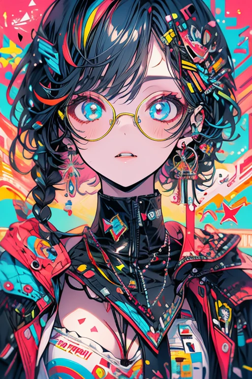 Highest quality,Highest Resolution,sexy,underwear,Vibrant colors,Very beautiful eyes,Big Breasts,whole body,Glasses,Black Hair,Neon color