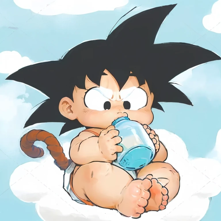 cartoon baby sitting on a cloud with a bottle in his mouth, Son Goku, akira toriyama style, dragon ball artstyle, character Dragon sphere, an anime nendoroid of Son Goku, Dragon sphere, Goku, toriyama akira, inspired by Akira Toriyama, Goku as an asian man, human goku, Goku in real life, japanese cartoon style