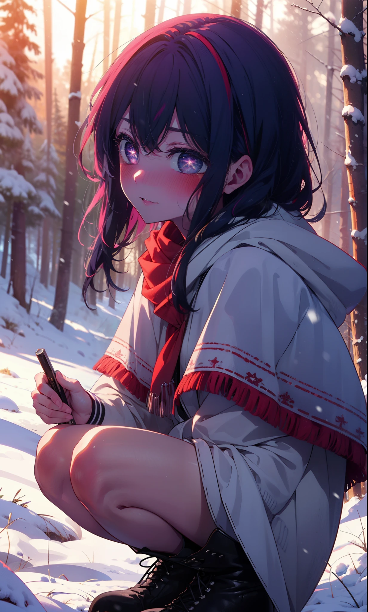 aihoshino, Ai Hoshino, Long Hair, bangs, (Purple eyes:1.1), Purple Hair, (Symbol-shaped pupil:1.5), smile,,smile,blush,White Breath,
Open your mouth,snow,Ground bonfire, Outdoor, boots, snowing, From the side, wood, suitcase, Cape, Blurred, , forest, White handbag, nature,  Squat, Mouth closed, Cape, winter, Written boundary depth, Black shoes, red Cape break looking at viewer, Upper Body, whole body, break Outdoor, forest, nature, break (masterpiece:1.2), Highest quality, High resolution, unity 8k wallpaper, (shape:0.8), (Beautiful and beautiful eyes:1.6), Highly detailed face, Perfect lighting, Highly detailed CG, (Perfect hands, Perfect Anatomy),