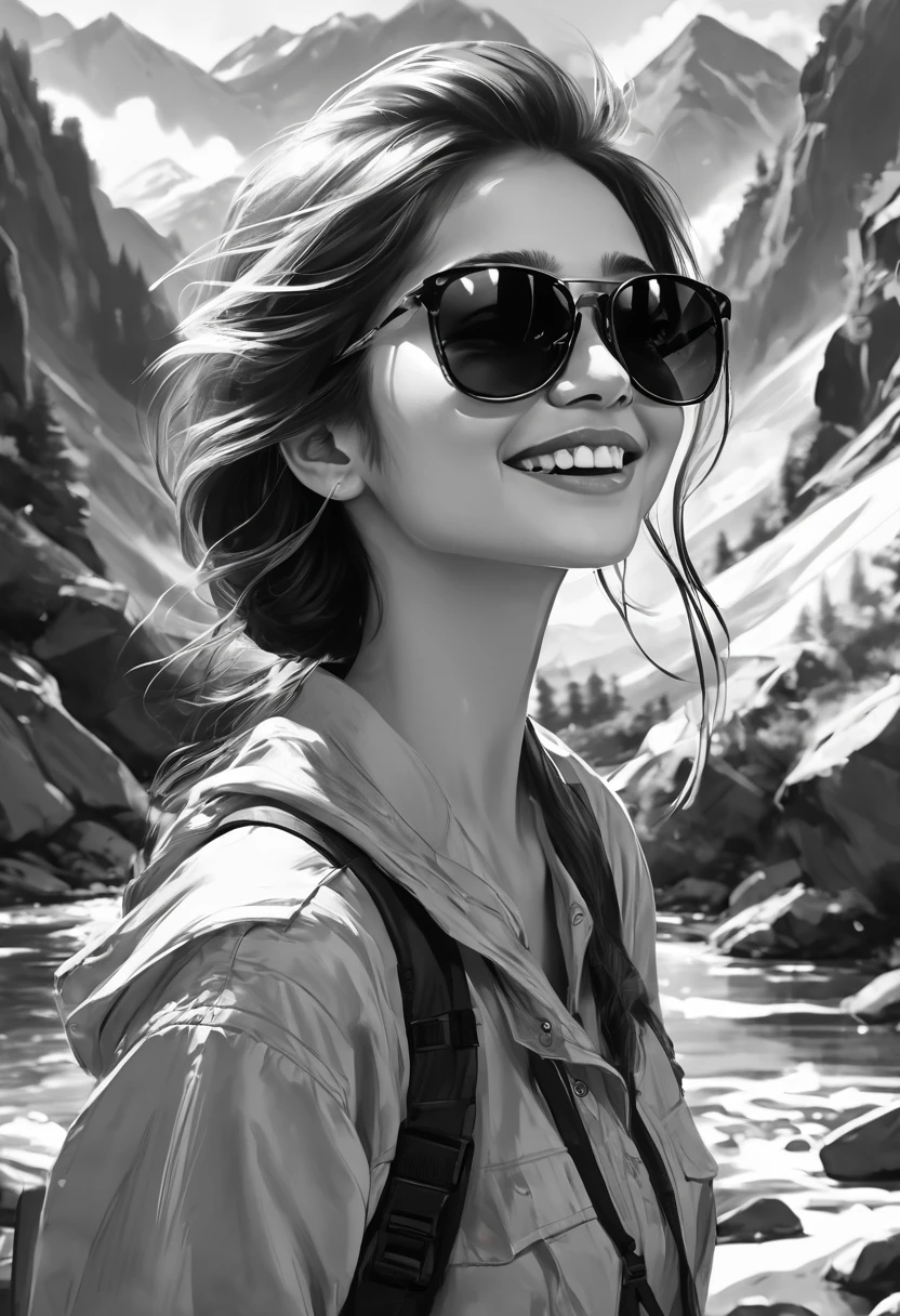 Close up sketching，character sketch，Black and white painting,Mountain streams, illustration, Masterpiece, High quality, 8K, A high resolution, High detail, 1girll,smiley, Transparent sunglasses, Movie overlay,  Cool soft lighting, wind blown,