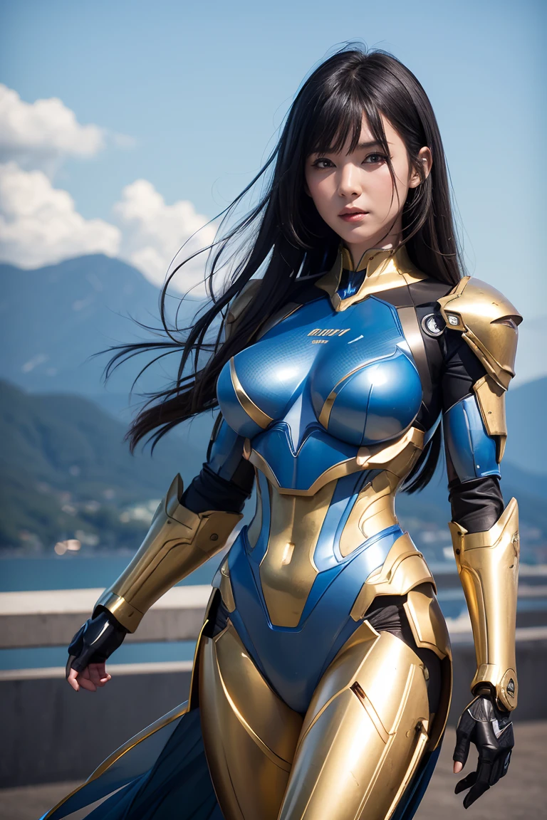 Textured skin, Very detailed, Attention to detail, high quality, 最high quality, High resolution, 1080P, , beautiful,(Super Heroine),Missile Guide,beautifulサイボーグ女性,Mecha Cyborg Girl,Battle Mode,A girl with a metallic blue and gold mecha body,she&#39;Armed Combat Cyborg、Equipped with combat mechs,Full Body Shot、Diffuse reflection of laser light