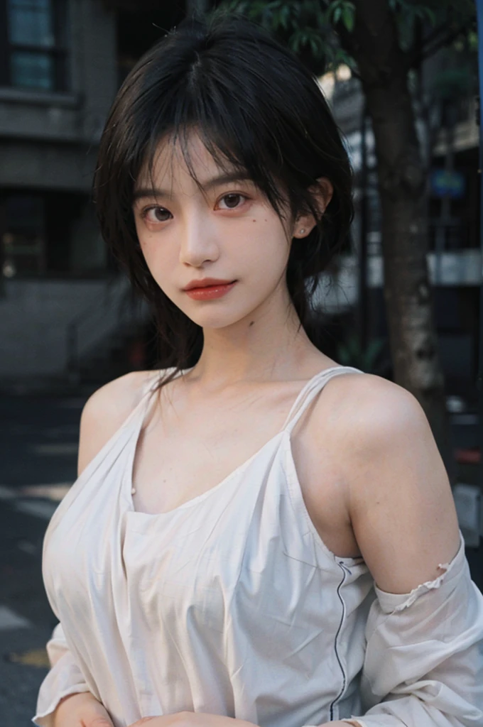 1 girl，Model，Upper Body，short hair,A faint smile,serene, calm，Moles under the eyes,Exquisite eyes, Delicate face,Lipstick,earrings,Hair details, skirt，（Dress conservatively：1.3）(Large Breasts:1.2),outdoor,background,城市background，(Skin details:1.4),(Realistic and detailed eyes：1.2）, Natural skin texture, Realistic facial details,Close-up of face,Portrait Photography,(Portrait Photography:1.1), (smooth skin textures:1.3), (Highest quality real skin textures:1.4), Direct vision,Soft dramatic lighting, Vivid details, 35 mm film, (Photo Practical:1.4), (hyper Practical:1.4), (Practical:1.3), (Smoother lighting:1.05), (Improve lighting quality:0.9), (Enhance the beauty of skin texture:1.1), Depth of Field, Bokeh, Surrealism, Ray Tracing, ( Surrealism, High Detail, Chiaroscuro, Ray Tracing, reflected light, Ultra HD, Ultra HD, masterpiece, Textured Skin, Super Detail, High Detail, high quality, best quality