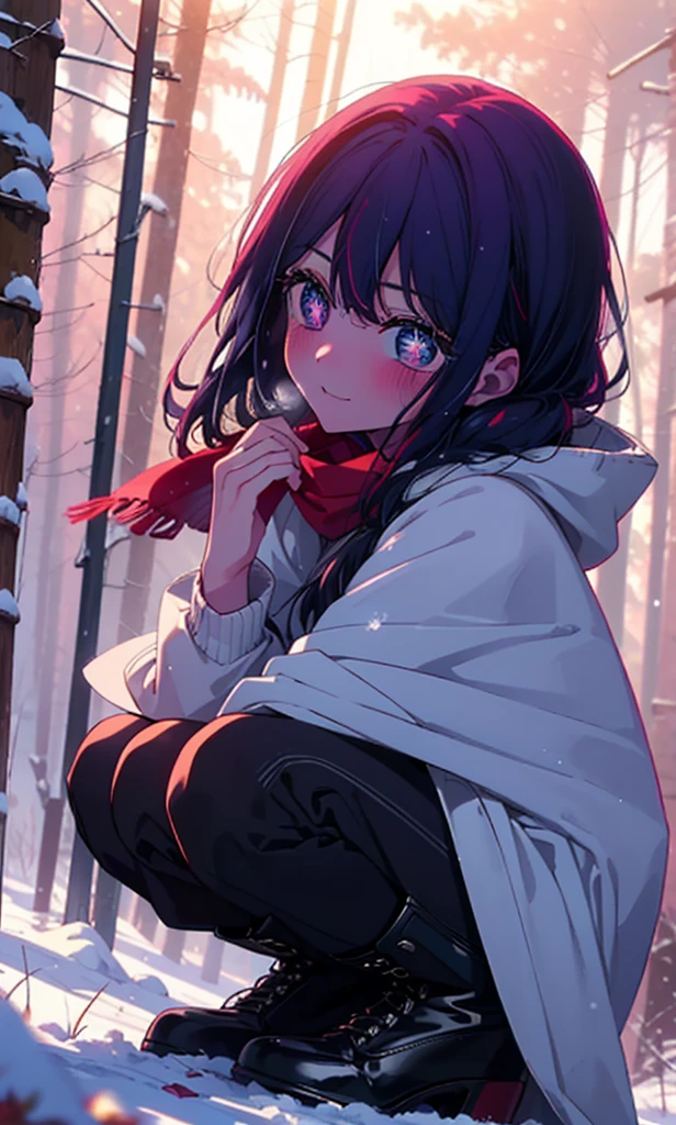 aihoshino, Ai Hoshino, Long Hair, bangs, (Purple eyes:1.1), Purple Hair, (Symbol-shaped pupil:1.5), smile,,smile,blush,White Breath,
Open your mouth,snow,Ground bonfire, Outdoor, boots, snowing, From the side, wood, suitcase, Cape, Blurred, , forest, White handbag, nature,  Squat, Mouth closed, Cape, winter, Written boundary depth, Black shoes, red Cape break looking at viewer, Upper Body, whole body, break Outdoor, forest, nature, break (masterpiece:1.2), Highest quality, High resolution, unity 8k wallpaper, (shape:0.8), (Beautiful and beautiful eyes:1.6), Highly detailed face, Perfect lighting, Highly detailed CG, (Perfect hands, Perfect Anatomy),