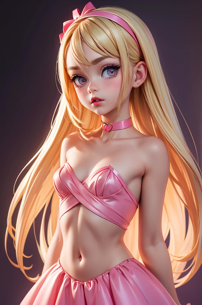 hyperrealistic 14 year old american , blonde, little, perfect tiny body, sexy, dark makeup, small choker, perfect slim face, big red lips, very cute face, tiny body, big eyes, young looking, childish looking, perfect belly, pink tight small top, pink tight skirt