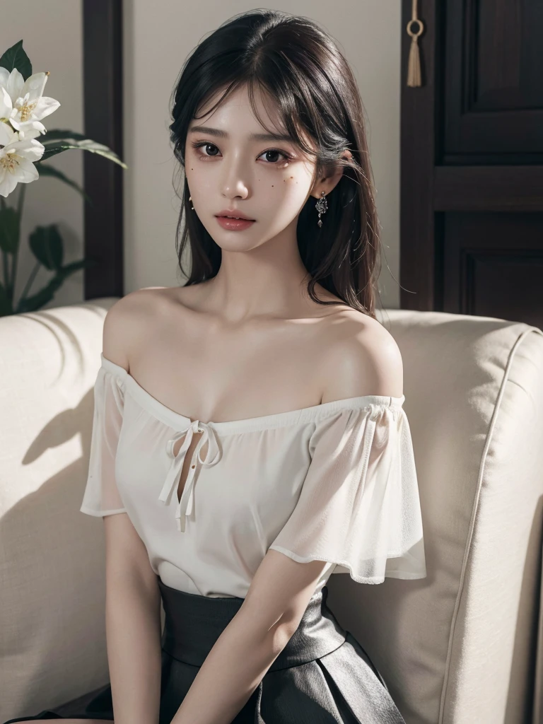 absurdres, RAW photo, extremely delicate and beautiful, masterpiece, Best Quality, ultra high resolution, 32k, hyperrealistic, ultra-detailed, delicate facial features, beautiful detailed woman, tearful mole, earring, medium breasts, full body shot, medium hair, black hair, blouse, short skirt, off shoulder,