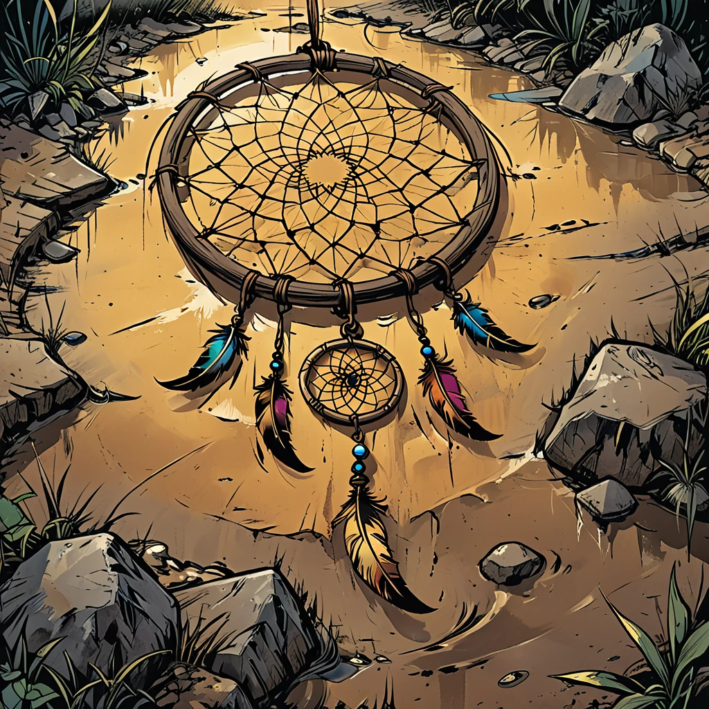 
the dream catcher lies on the ground in the mud,       graphic style of novel comics, 2d,
8k, hyperrealism, masterpiece, high resolution, best quality, ultra-detailed, super realistic, Hyperrealistic art, high-quality, ultra high res, highest detailed, lot of details, Extremely high-resolution details, incredibly lifelike, colourful, soft cinematic light,
