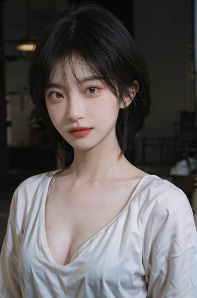 1 girl，Model，Upper Body，short hair,A faint smile,serene, calm，Moles under the eyes,Exquisite eyes, Delicate face,Lipstick,earrings,Hair details, skirt，（Dress conservatively：1.3）(Large Breasts:1.2),outdoor,background,城市background，(Skin details:1.4),(Realistic and detailed eyes：1.2）, Natural skin texture, Realistic facial details,Close-up of face,Portrait Photography,(Portrait Photography:1.1), (smooth skin textures:1.3), (Highest quality real skin textures:1.4), Direct vision,Soft dramatic lighting, Vivid details, 35 mm film, (Photo Practical:1.4), (hyper Practical:1.4), (Practical:1.3), (Smoother lighting:1.05), (Improve lighting quality:0.9), (Enhance the beauty of skin texture:1.1), Depth of Field, Bokeh, Surrealism, Ray Tracing, ( Surrealism, High Detail, Chiaroscuro, Ray Tracing, reflected light, Ultra HD, Ultra HD, masterpiece, Textured Skin, Super Detail, High Detail, high quality, best quality