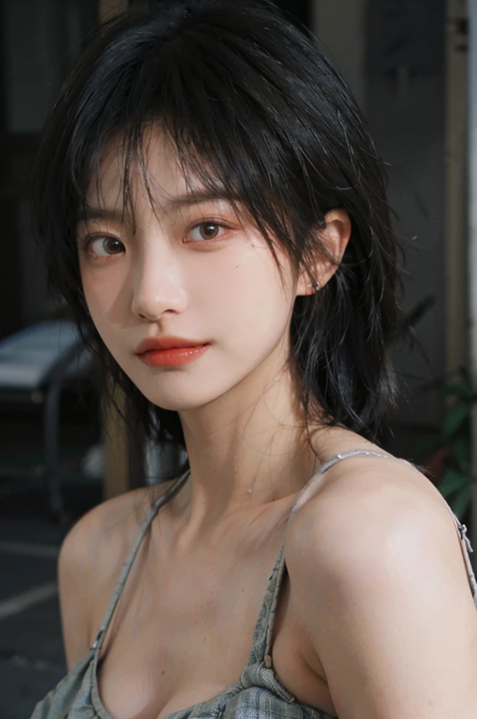 1 girl，Model，Upper Body，short hair,A faint smile,serene, calm，Moles under the eyes,Exquisite eyes, Delicate face,Lipstick,earrings,Hair details, skirt，（Dress conservatively：1.3）(Large Breasts:1.2),outdoor,background,城市background，(Skin details:1.4),(Realistic and detailed eyes：1.2）, Natural skin texture, Realistic facial details,Close-up of face,Portrait Photography,(Portrait Photography:1.1), (smooth skin textures:1.3), (Highest quality real skin textures:1.4), Direct vision,Soft dramatic lighting, Vivid details, 35 mm film, (Photo Practical:1.4), (hyper Practical:1.4), (Practical:1.3), (Smoother lighting:1.05), (Improve lighting quality:0.9), (Enhance the beauty of skin texture:1.1), Depth of Field, Bokeh, Surrealism, Ray Tracing, ( Surrealism, High Detail, Chiaroscuro, Ray Tracing, reflected light, Ultra HD, Ultra HD, masterpiece, Textured Skin, Super Detail, High Detail, high quality, best quality